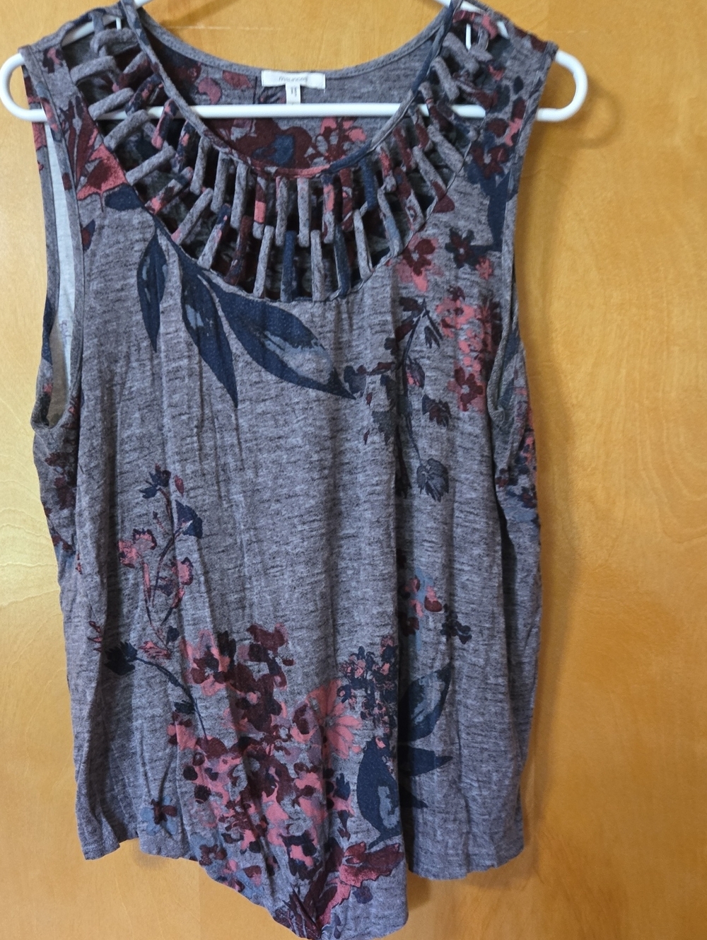 Maurices Gray Floral Cutout Neck Tank Top with Rose Accents